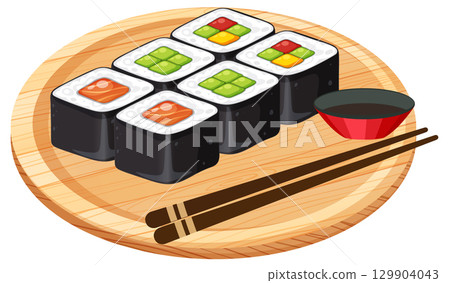 Assorted Sushi Rolls on Wooden Platter with Chopsticks Assorted Sushi Rolls on Wooden Platter with Chopsticks 129904043