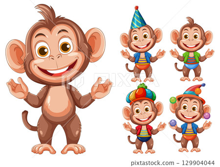 Cartoon Monkey Characters in Festive Outfits and Poses 129904044