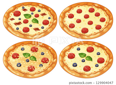 Four Cheese Pizzas with Various Toppings Vector Set Four Cheese Pizzas with Various Toppings Vector Set 129904047