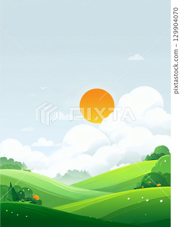 Cartoon style sunset and green hills Cartoon style sunset and green hills 129904070
