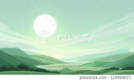 Cartoon style sunset and green hills 129904071