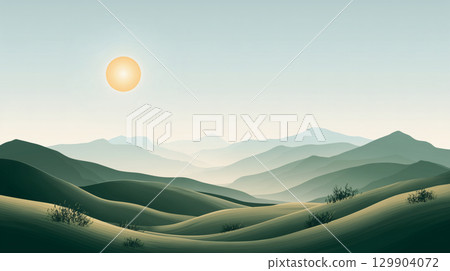 Cartoon style sunset and green hills 129904072