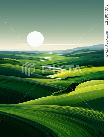 Cartoon style sunset and green hills 129904073