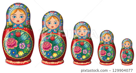 Traditional Russian Matryoshka Nesting Dolls in a Row 129904077