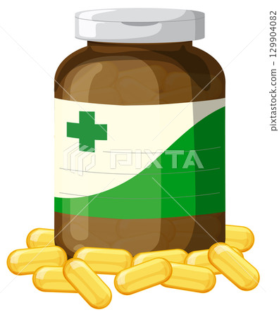 Brown Medicine Bottle with Capsules and Green Label 129904082