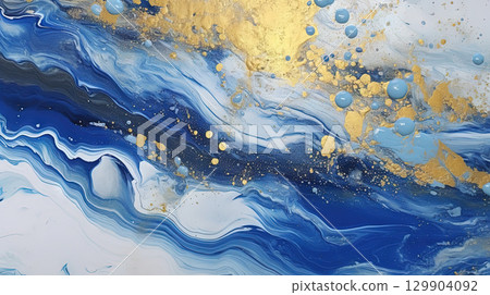 Abstract artistic background with blue marble and golden paint stains. Generated AI. 129904092