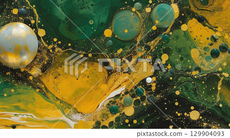 Abstract artistic background with green marble and golden paint stains. Generated AI. 129904093