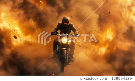Action shot with man riding away from explosion on bike. Dynamic scene with fire in action movie blockbuster style. Generated AI. 129904129