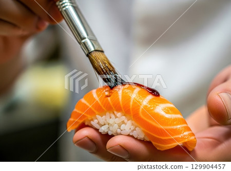 A sushi chef applies sauce to fresh salmon nigiri 129904457