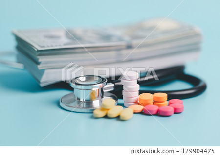 Expense of health care involves navigating pharmaceutical costs, prescription pills, medicine, finance, insurance, pharmacy support crucial roles in treating disease, covering necessary medicals. 129904475