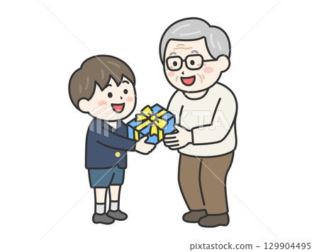 Illustration of a boy in a uniform giving a present to his grandfather on Respect for the Aged Day | Respect for the Aged Day 129904495