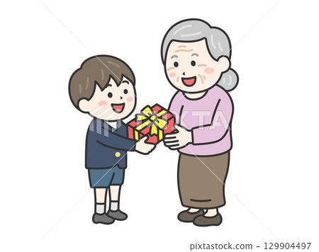 敬老日，身穿制服的男孩送給祖母禮物的插圖 | 敬老日 129904497