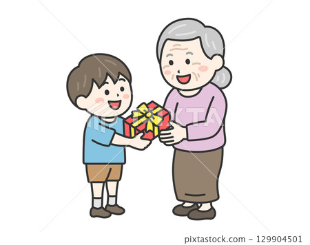 敬老日，男孩給祖母送禮物的插圖 | 敬老日 129904501
