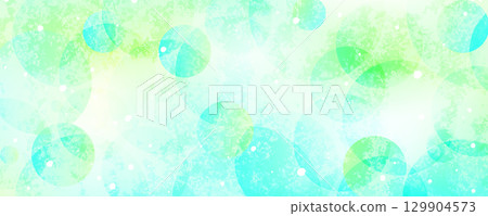 日式紙張紋理上,水彩風格的淺藍色和綠色圓圈以及光球的抽象背景設計。橫向橫幅和標題設計。 日式紙張紋理上,水彩風格的淺藍色和綠色圓圈以及光球的抽象背景設計。橫向橫幅和標題設計。 129904573