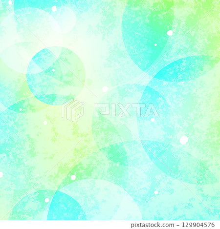 Abstract background design of watercolor-style light blue and green circles and light balls on Japanese paper texture. Square. 129904576