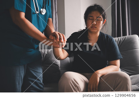 Hand and deep empathy, doctor offers medicine, support and hope to every patient, building trust through compassionate health care in clinic, hospital setting true care and medicals restore health. 129904656