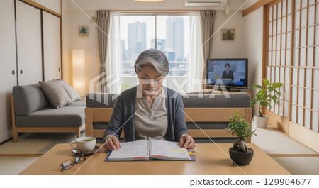 日本女人正在看筆記本 129904677