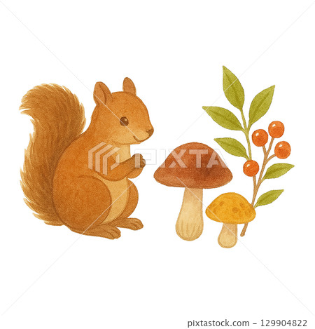 Squirrel and mushroom illustration (autumn, forest, cutout) Squirrel and mushroom illustration (autumn, forest, cutout) 129904822