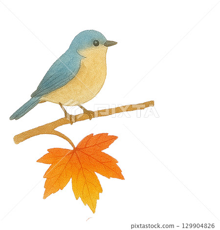 Illustration of a small bird and autumn leaves (Autumn, cutout) 129904826