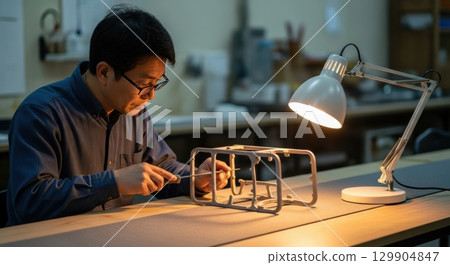 A skilled craftsman processes parts at a work desk A skilled craftsman processes parts at a work desk 129904847