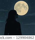 仰望月亮的女人的輪廓，剪影 129904862