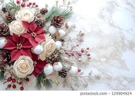 Winter holiday decoration flat lay - poinsettia, roses, pine cones and evergreen branches 129904924