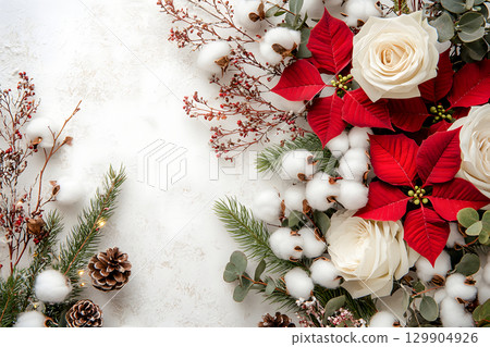 Winter holiday decoration flat lay - poinsettia, roses, pine cones and evergreen branches 129904926