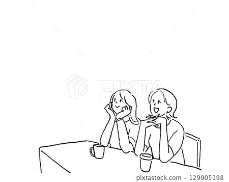 Two young women in a delirious state, line drawing, Two young women in a delirious state, line drawing, 129905198
