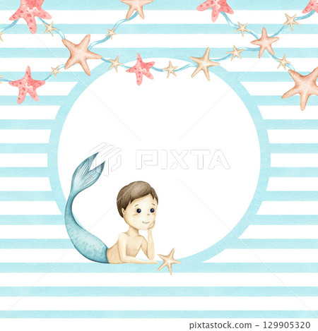 Watercolor card with mermaid boy, garland stars, circle template. Blue repeat strips Illustration frame isolated from background. For baby shower invitation, birthday postcard, packaging, sticker Watercolor card with mermaid boy, garland stars, circle template. Blue repeat strips Illustration frame isolated from background. For baby shower invitation, birthday postcard, packaging, sticker 129905320