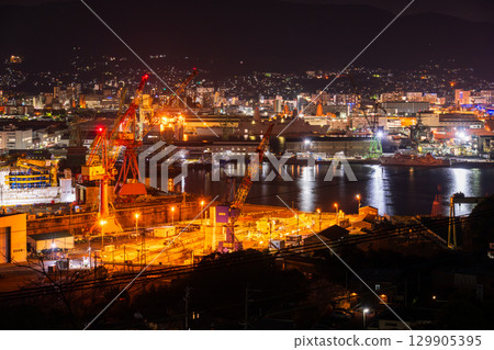 Night view of the shipyard in Sasebo City, Nagasaki Prefecture Night view of the shipyard in Sasebo City, Nagasaki Prefecture 129905395