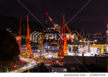 Night view of the shipyard in Sasebo City, Nagasaki Prefecture 129905404