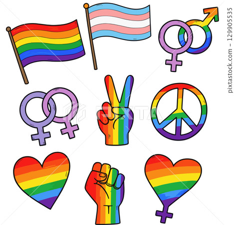 充滿活力的手繪跨性別旗幟和 LGBTQ 符號圖標 充滿活力的手繪跨性別旗幟和 LGBTQ 符號圖標 129905535