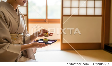 穿著和服品嚐優雅的日式甜點 129905604