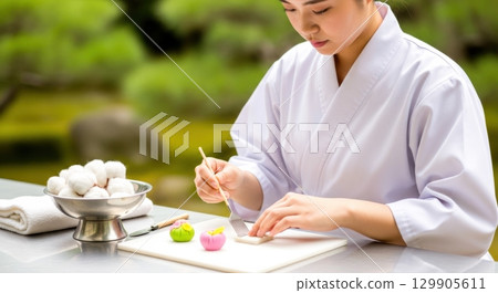 Beautiful nerikiri made by a female Japanese confectioner Beautiful nerikiri made by a female Japanese confectioner 129905611