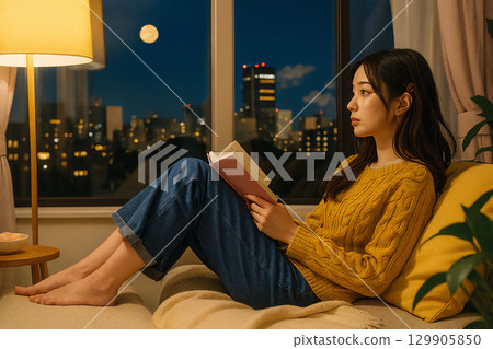 Woman enjoying reading at night 129905850
