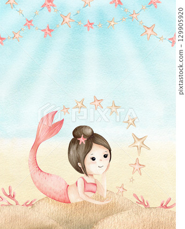 Watercolor frame mermaid in underwater world, stars garland. Children's illustration with corals. Hand drawn art postcard isolated on seascape with sun rays. Invitation, card to kids party, holiday 129905920