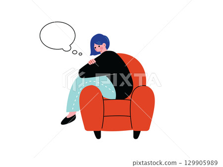 A woman sitting on the sofa and thinking A woman sitting on the sofa and thinking 129905989