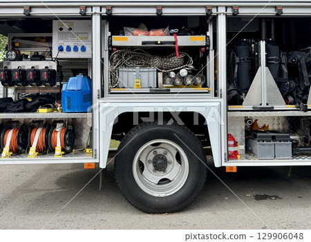 Fire technical armament of a fire truck. High quality photo 129906048
