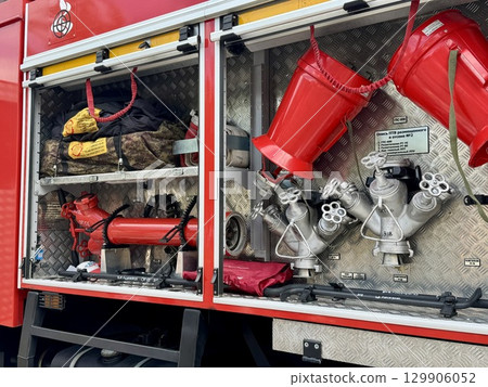 Fire technical armament of a fire truck. High quality photo 129906052