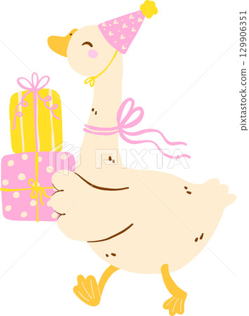 Cute Girly Goose Birthday Holding Gifts Doodle 129906351