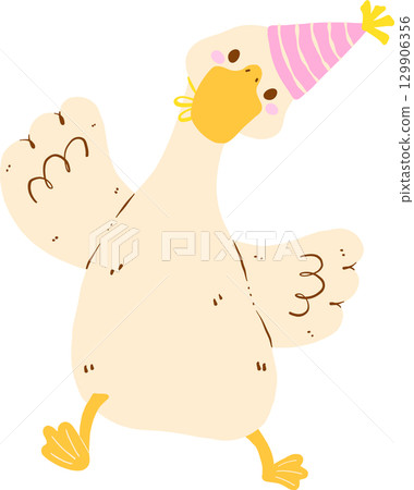 Cute Happy Girly Goose Birthday Wearing Pink Party Hat and Dancing Doodle 129906356