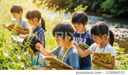 孩子在戶外學習期間觀察植物 孩子在戶外學習期間觀察植物 129906555