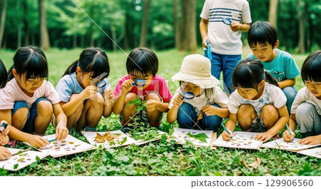 Children examining plants during outdoor learning 129906560