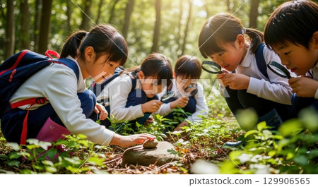 Children examining plants during outdoor learning 129906565