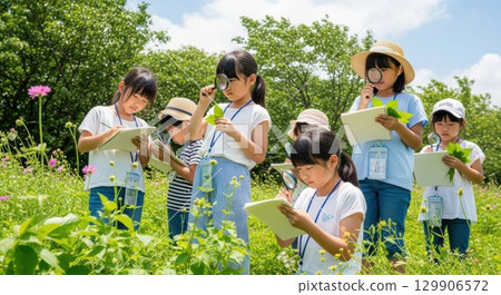 Children examining plants during outdoor learning 129906572