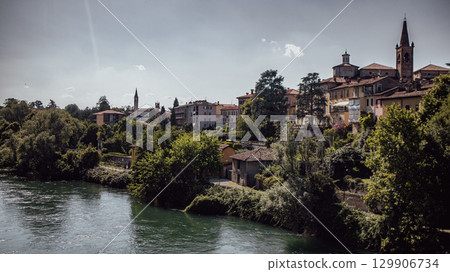 panorama of the city canal in the evening 129906734