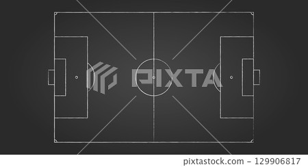 Top view of football field with white markings on dark background. Minimal realistic soccer pitch layout for match, strategy, coaching or championship. Ideal for sport tactics design. 129906817