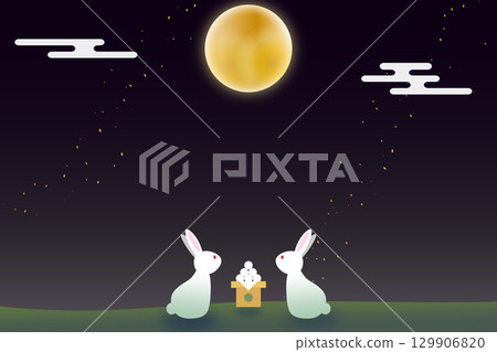 Two rabbits enjoying the moon and moon-viewing dumplings on a full moon night | Full moon, rabbit, moon-viewing dumplings 129906820