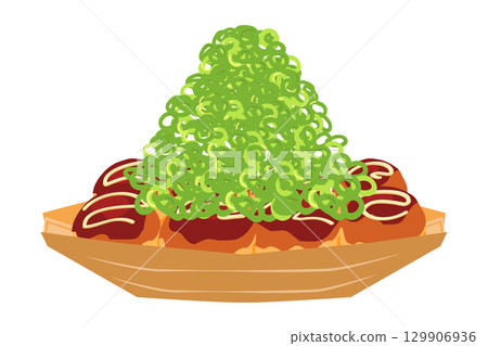 Illustration of takoyaki topped with lots of green onions, seen from the front, on a boat-shaped plate 129906936