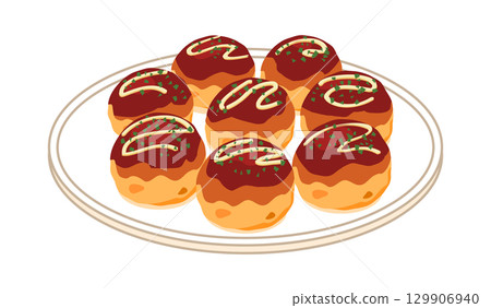 Illustration of takoyaki served on a plate 129906940